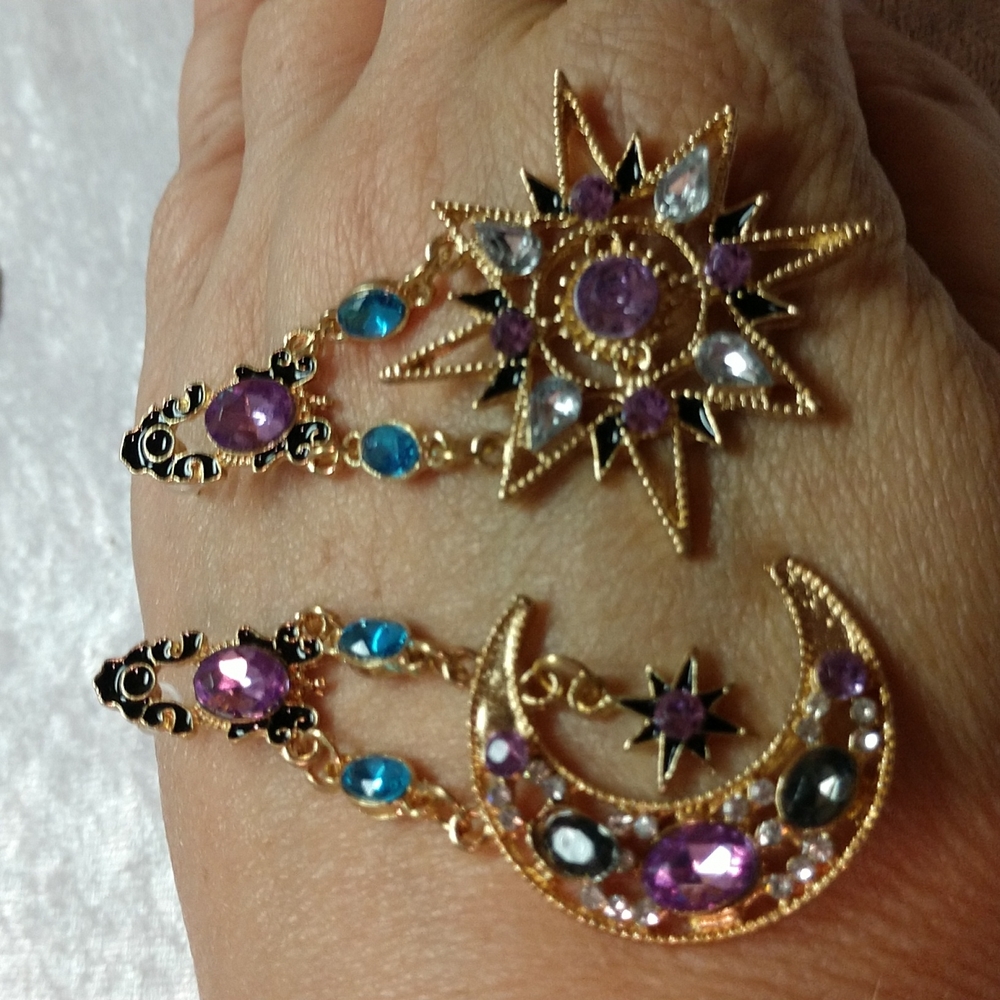 Celestial Earrings Sun Moon Star Dangle 2 6/8" Light - Medium Weight Bling - Picture 9 of 10